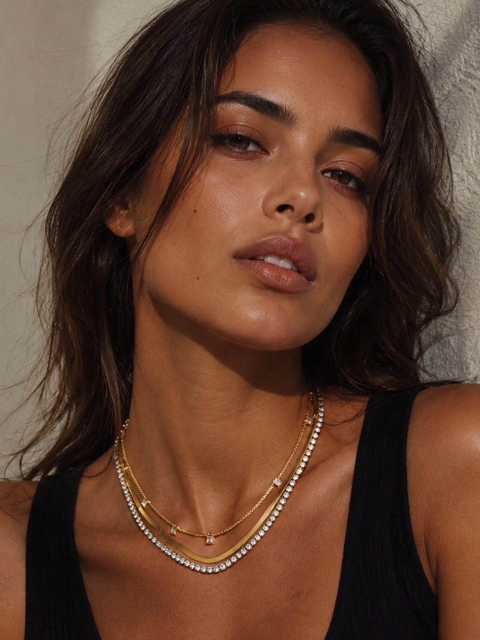 3-Layer Necklace With Square White Zirconia Stainless Steel 18k Gold Plated